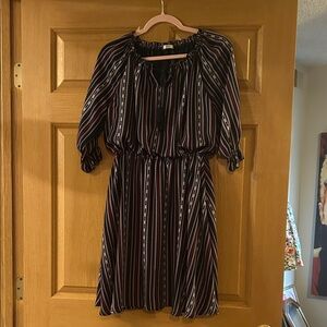 Elegant Black and White Striped Long Sleeve Dress